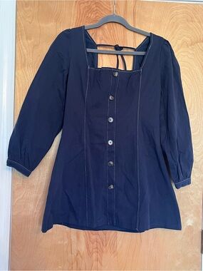 Square-Neck Navy Mini Dress with Buttons